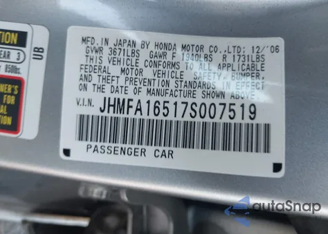 2007 Honda Civic Lx from USA, damaged, VIN JHMFA16517S007519